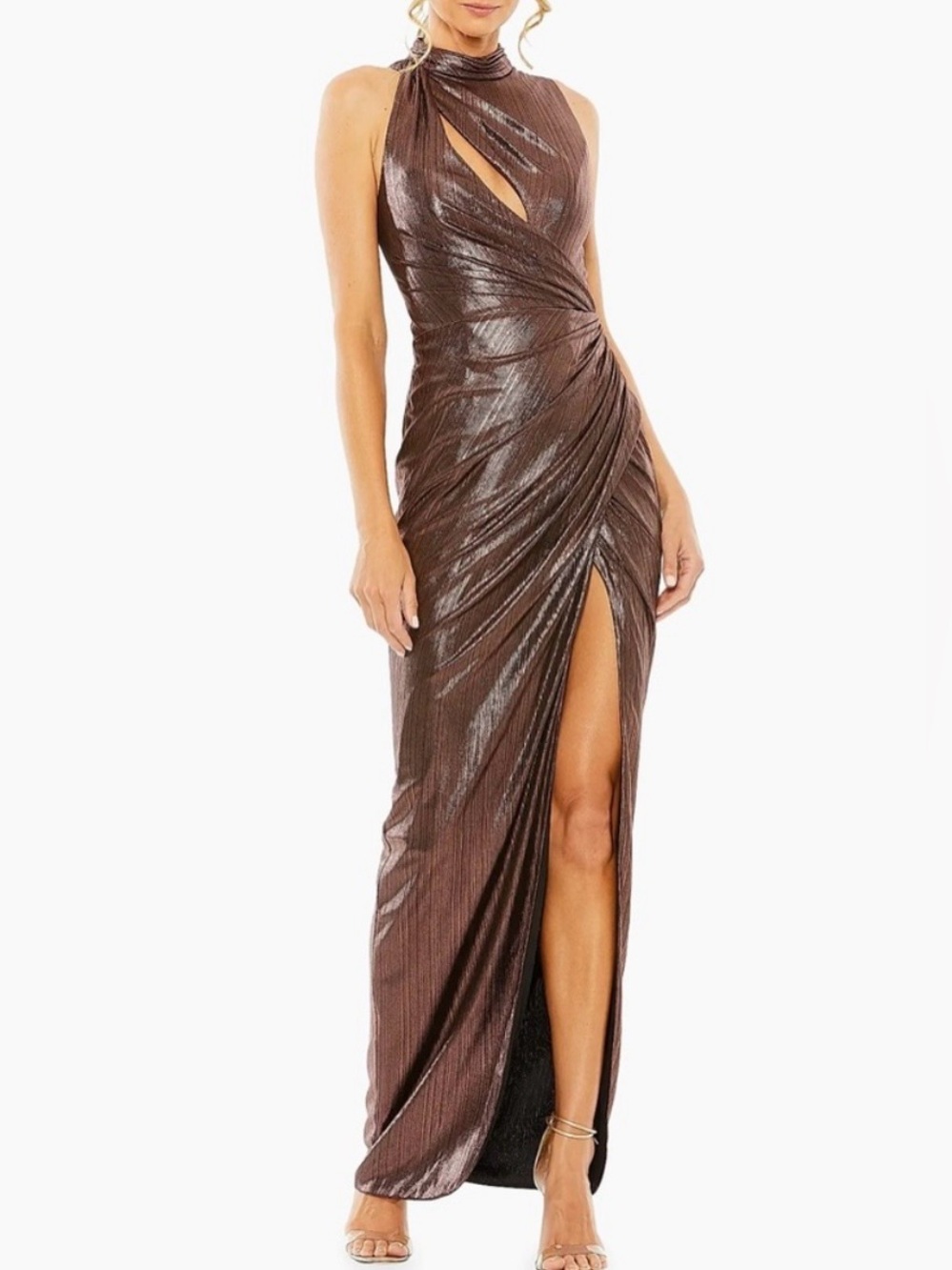 Ieena For Mac Duggal Brown High Neck Lamé Sleeveless Gown